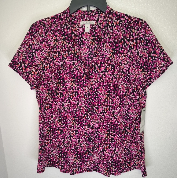 Dana Buchman Black Pink Polka Dot Button Front Career Blouse Women's Sz M Oversz - Picture 1 of 14